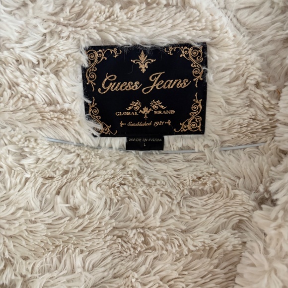 L GUESS Faux Suede Fur Lining ZIP JACKET HOODIE OFF WHITE CREAM soft warm winter - Picture 4 of 16
